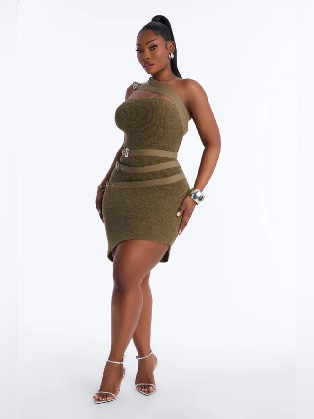 One-Shoulder Olive Sculpting Mini Dress with Buckle Straps